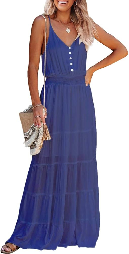 PRETTYGARDEN Women's Causal Summer Dress Spaghetti Strap Sleeveless High Waist Beach Long Maxi Dr... | Amazon (US)