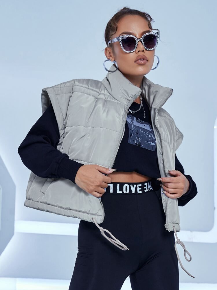 Zip Up Drawstring Puffer Vest Coat | SHEIN