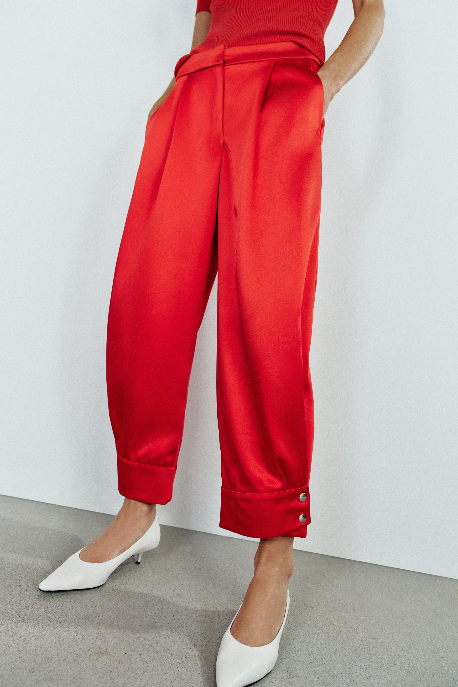 Zara - Satin Pants With Buttoned Hems - Red - M - Woman | Zara US
