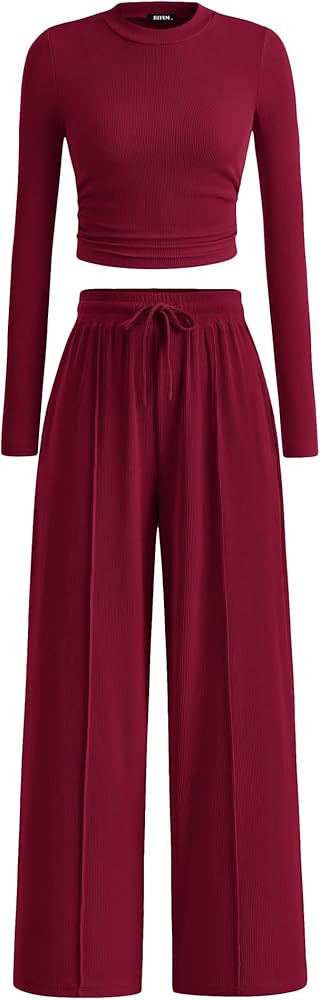 BTFBM Casual 2 Piece Sets For Women Fall Outfits 2025 Ribbed Long Sleeve Crop Top Wide Leg Pants ... | Amazon (US)