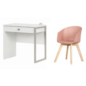 South Shore Interface Pure White Desk and 1 Flam Pink Chair with Wooden Legs Set | Homesquare