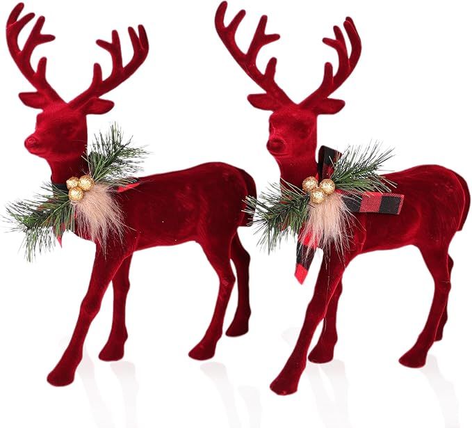 Lotus Hills 2 pcs Reindeer Christmas Decorations, Flocking Christmas Reindeer Figurines with Red ... | Amazon (US)