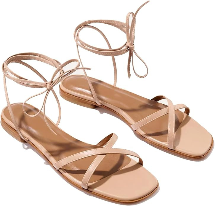 Strappy Flats Sandals for Women Summer Gladiator Lace Up Flat Sandals Open Square Toe Casual Beac... | Amazon (US)