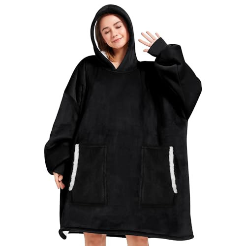 Wearable Blanket Hoodie Oversized Fluffy Blanket Hoodie Cozy Hideout Hoodie for Adults Women Men Sweatshirt Sweater Blanket with Pocket (Black) | Amazon (US)