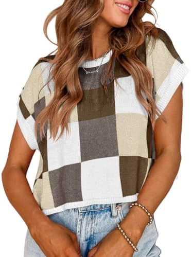 Saodimallsu Womens Cap Sleeve Crop Tops Summer Color Block Going Out Crew Neck Knit Trendy Casual... | Amazon (US)