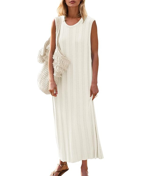 Fisoew Women's Summer Sleeveless Maxi Dress Scoop Neck Ribbed Knit Tank Top Dresses | Amazon (US)