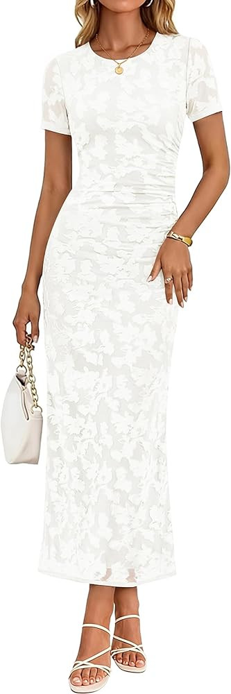 Amazon.com: ZESICA Women's 2026 Summer Floral Bodycon Dress Short Sleeve Ruched Mesh Wedding Gues... | Amazon (US)