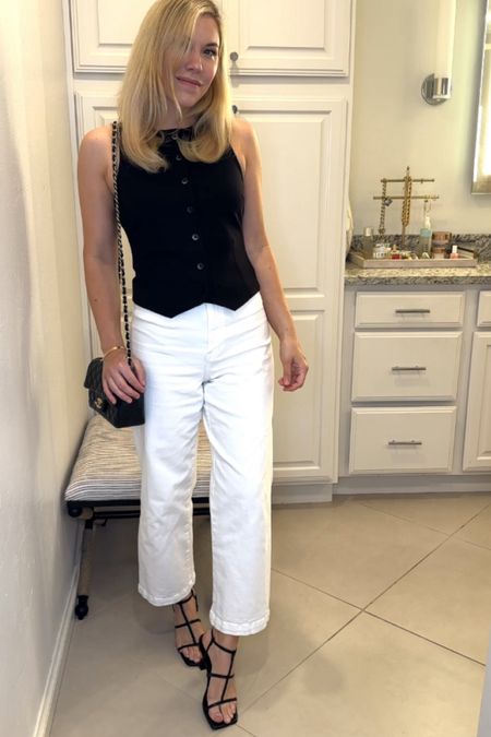 Black vest top
White jeans
White denim

Summer outfit 
Summer 
Vacation outfit
Vacation 
Date night outfit
#Itkseasonal
#Itkover40
#Itku

#LTKShoeCrush #LTKItBag