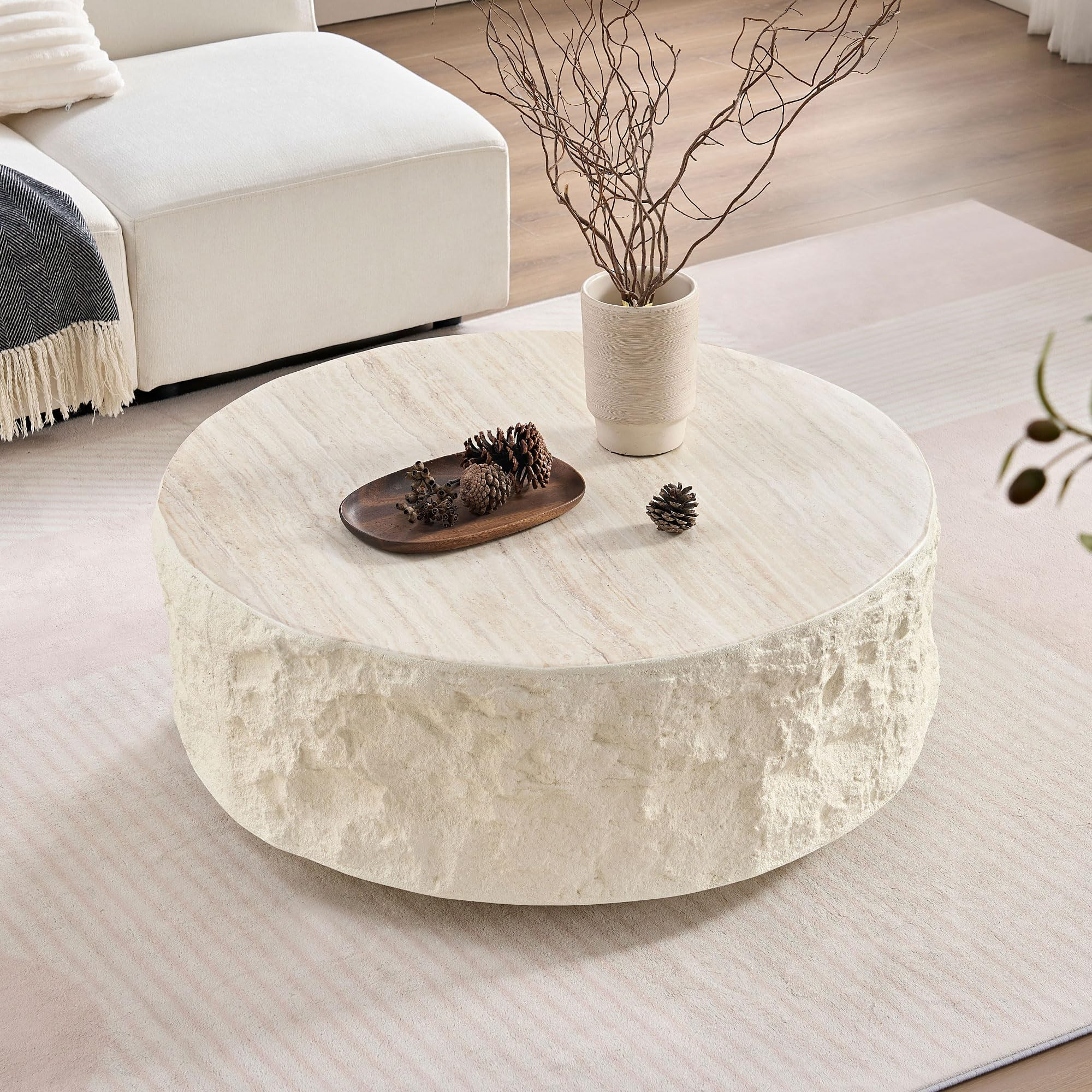 Fiberglass Round Center Coffee Table for Living Room,Imitation Stone Table Front of The Sofa,Mode... | Amazon (US)