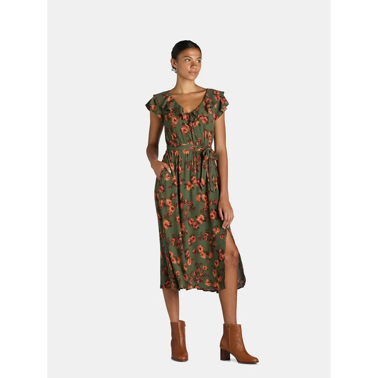 Time and Tru Women's and Women's Plus Ruffle Neck Midi Dress, Sizes XS-4X - Walmart.com | Walmart (US)