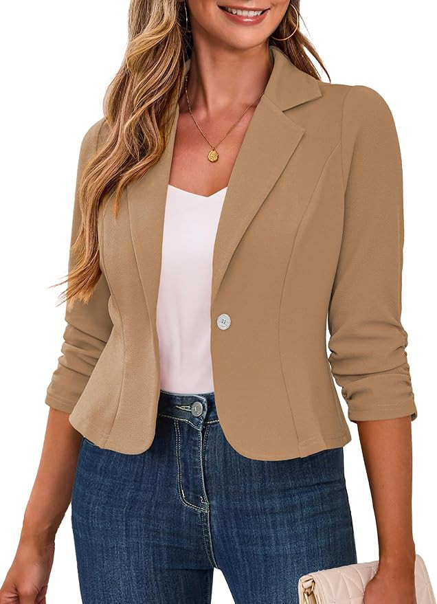 Traleubie Women's Cropped Blazers 3/4 Ruched Sleeve Lightweight Office Wear Short Blazer with But... | Amazon (US)