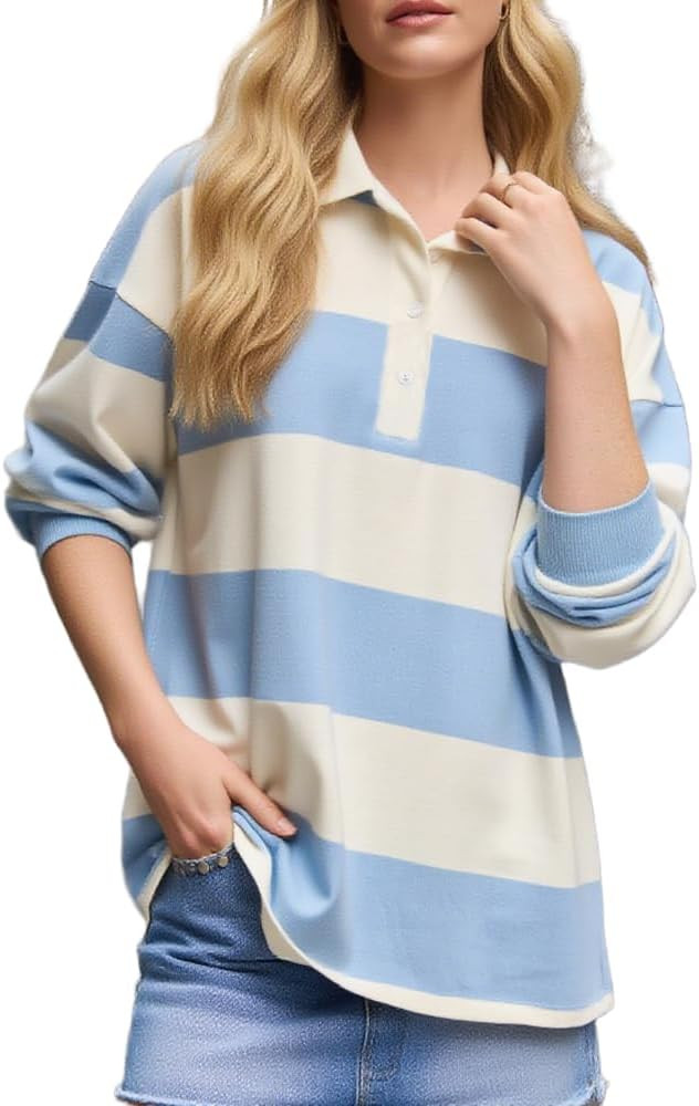 Y2k Women Striped Rugby Polo Shirt Long Sleeve Collared Oversized Vneck Sweatshirt Vintage Jersey... | Amazon (US)