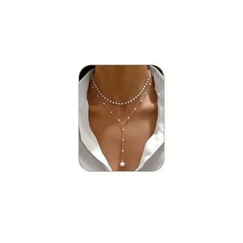 Layered Pearl Necklaces for Women 14k Gold Plated Dainty Faux Pearl Drop Y Necklace Cute Pearl Choker Layering Necklace Set Gold Jewelry for Women,Valentines Day Gift for Her,Mom,Girlfriend,Wife | Amazon (US)