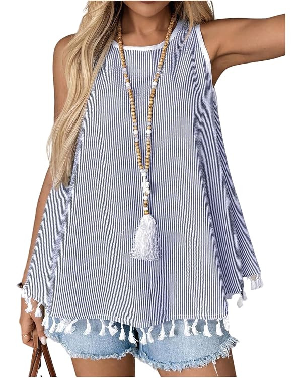 SOLY HUX Women's Striped Tank Tops Tassel Sleeveless Crew Neck Loose Casual Summer Top | Amazon (US)