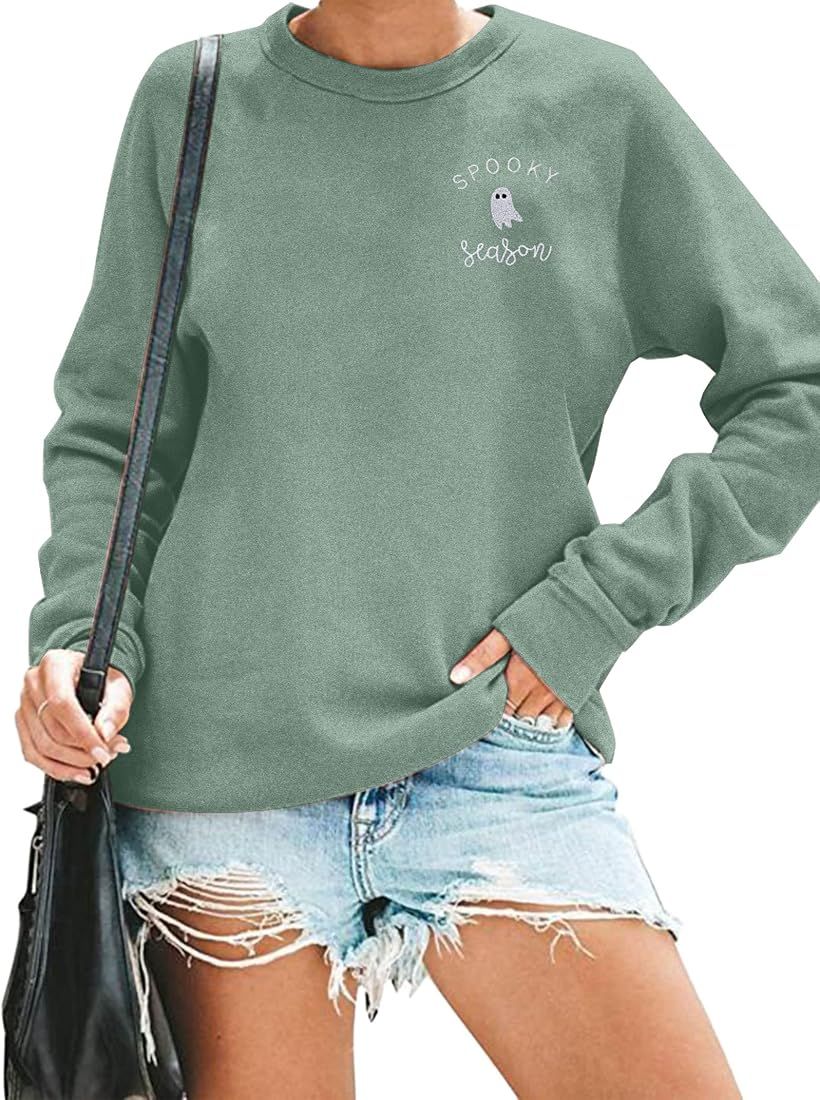 LOTUCY Halloween Sweatshirt Women Cute Spooky Season Sweatshirts Ghost Fall Embroidered Sweater P... | Amazon (US)