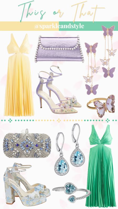 This Or That: Spring Wedding Guest Outfit

💛 yellow pleated satin maxi dress, lavender purple pearl clutch, lavender purple butterfly earrings, lavender purple butterfly heels, lavender purple butterfly ring
💚green pleated satin maxi dress, blue floral jacquard heels, blue and silver rhinestone clutch, blue and silver dangle earrings, blue and silver heart ring

#LTKsalealert #LTKstyletip #LTKSpringSale