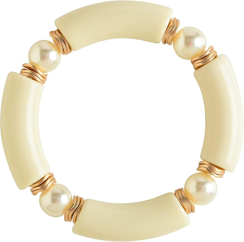 Bamboo Acrylic Tube Bracelet for Women Colorful Summer Beach Chunky Curved Beaded Stretchable Sta... | Amazon (US)