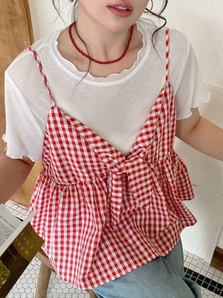 Dazy Plus 2pcs/Set Solid Round Neck White Top & Plaid Camisole, Tankdress | SHEIN