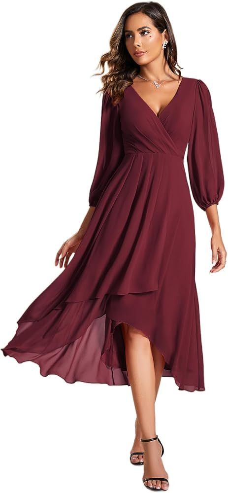 Ever-Pretty Women's Chiffon Spring V Neck Long Sleeves Pleated A-Line Midi Length Wedding Guest D... | Amazon (US)