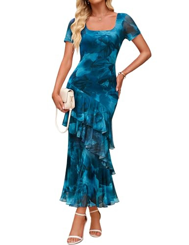 ZESICA Women's Summer Floral Bodycon Maxi Dress 2026 Square Neck Mesh Ruffle Elegant Cocktail Wed... | Amazon (US)