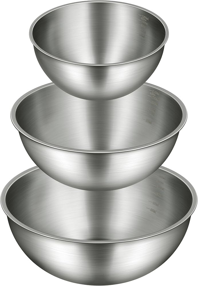 3-Piece Stainless Steel Mixing Bowls Set with Laser-Etched Measurement Marks, 2.4, 3.2 & 4.9 Qt, ... | Amazon (US)