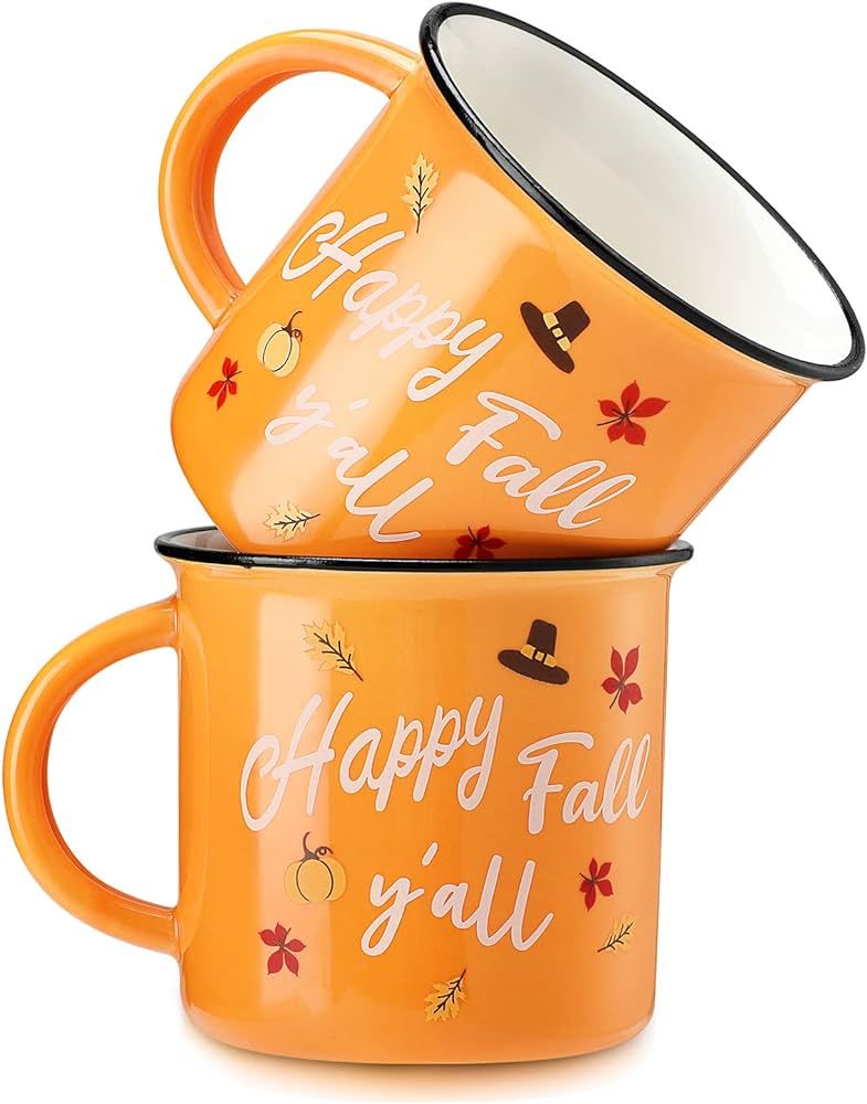 Hotop 2 Pieces Autumn Coffee Mug Happy Fall Y'all Camper Cup Thanksgiving Ceramic Pumpkin Mugs 14... | Amazon (US)