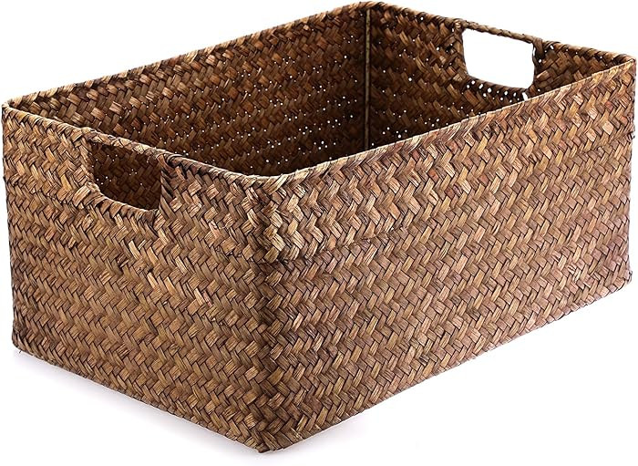 Hipiwe Seagrass Storage Baskets Bin for Shelf Handwoven Wicker Baskets Built-in Handles Rectangul... | Amazon (US)