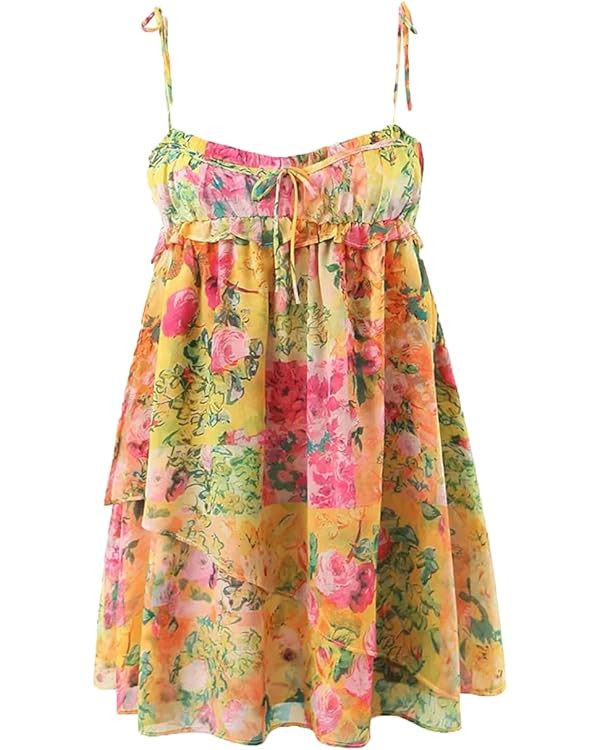 Women Corset Flower Print Spaghetti Strap Mini Dress Backless Skater Holiday Robe Slip Dress | Amazon (US)