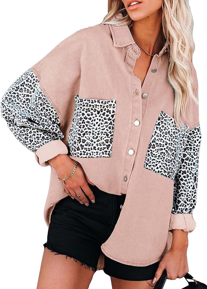Dokotoo Womens Contrast Leopard Denim Jacket Long Sleeve Button Down Shirts Boyfriend Oversized Blou | Amazon (US)