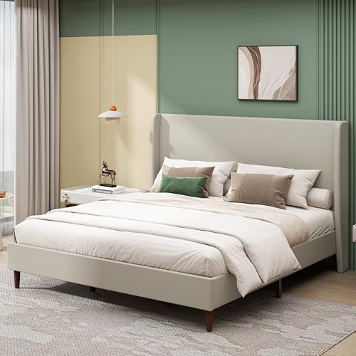 Ball & Cast King Size Bed Frame,Linen Upholstered Platform Bed with Wingback Headboard & Wood Legs, Wooden Slats Support,No Box Spring Needed,Easy Assembly,Beige | Amazon (US)