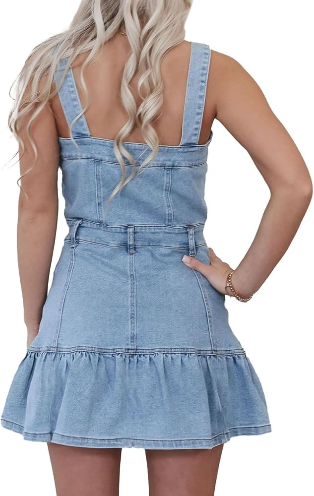 SOMTHRON Women's Sleeveless Denim Dress Strap Button Front Pleated Ruffle A Line Mini Jean Dresse... | Amazon (US)