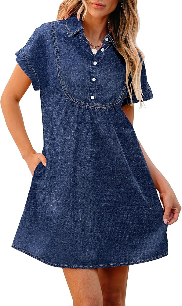 luvamia Denim Dress for Women Summer Short Sleeve Button Down Collared Pleated Western Jean Dress... | Amazon (US)