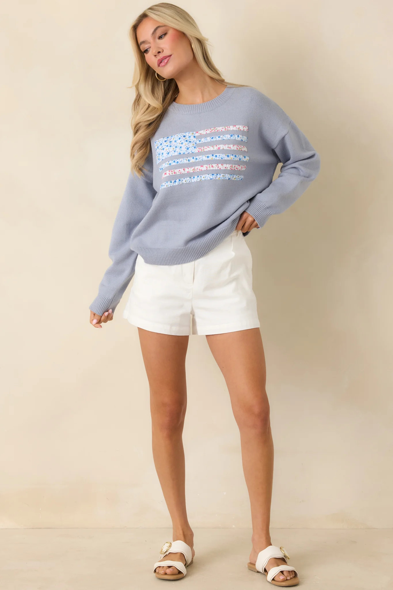 Stitched in Freedom Dusty Blue Floral Patchwork Flag Knit Sweater | Red Dress