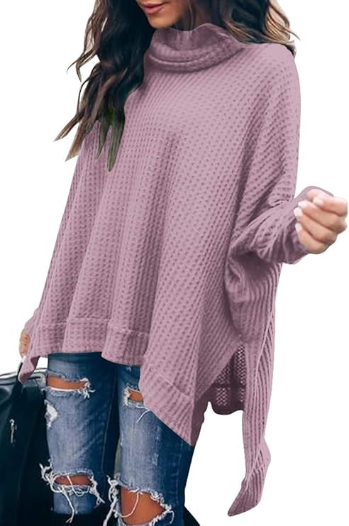 ANRABESS Women Turtleneck Batwing Sleeve High Low Hem Side Slit Waffle Knit Casual Loose Oversize... | Amazon (US)