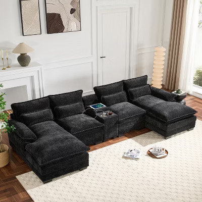 123"W U-Shaped Sectional Sofa with Console, Cup Holders & USB Charger, 6-Seat Chenille Cloud Couch, Black - ModernLuxe | Target