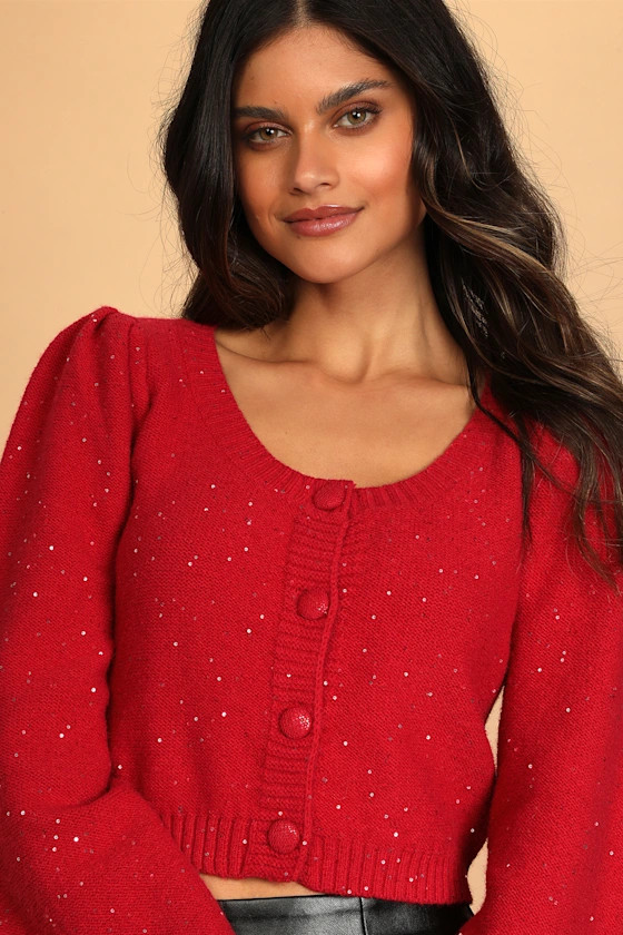 Sparkle With Cheer Red Sequin Cropped Cardigan Sweater | Lulus (US)