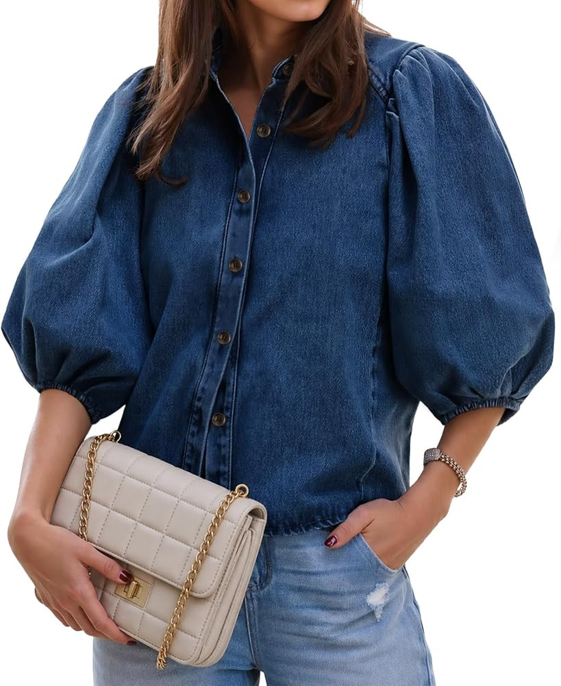Flowyair Womens Denim Shirt Puff Short Sleeve Button Down Jean Jackets | Amazon (US)