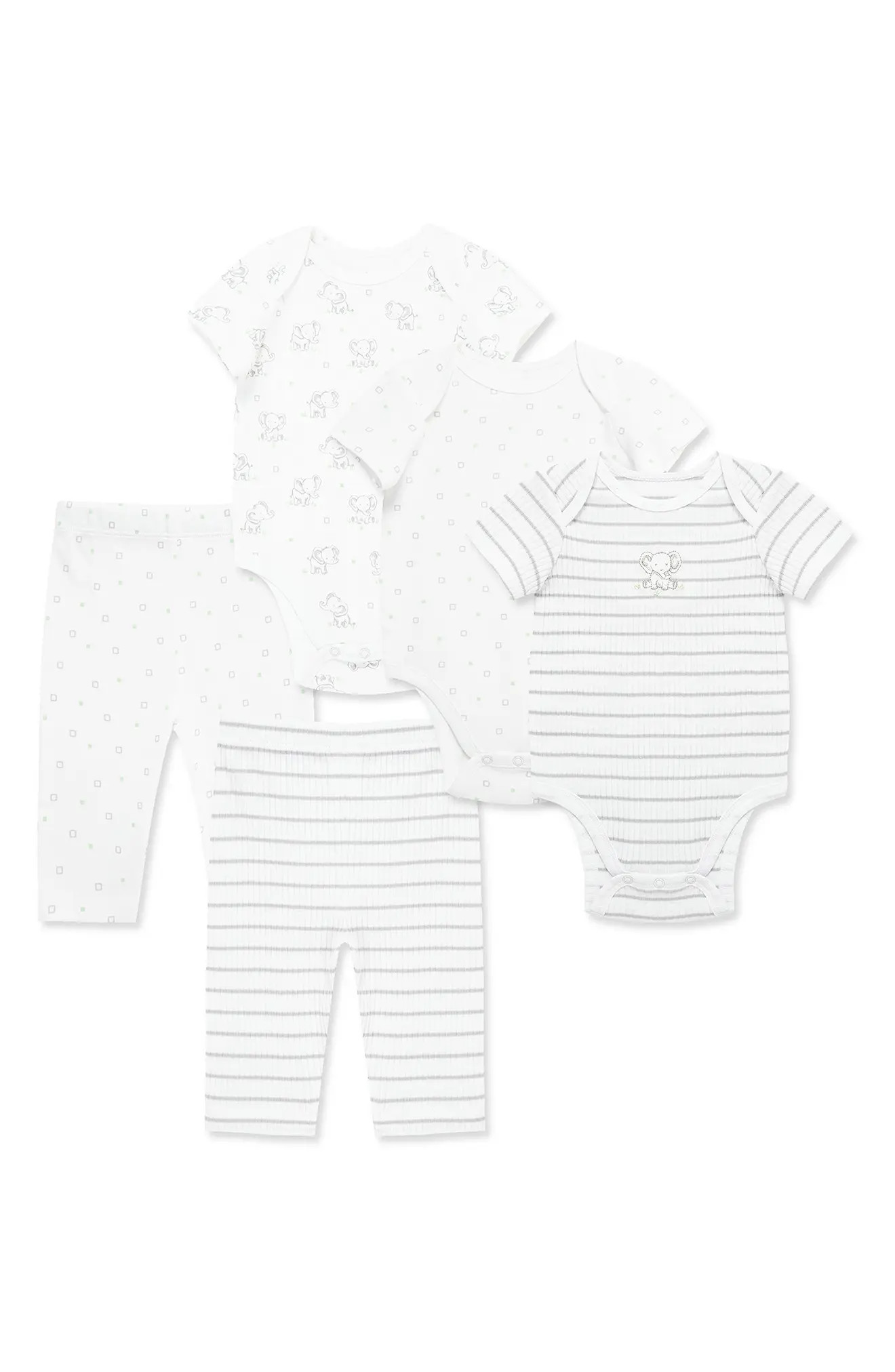 5-Piece Elephant Theme Organic Cotton Bodysuit & Pants Set | Nordstrom Rack