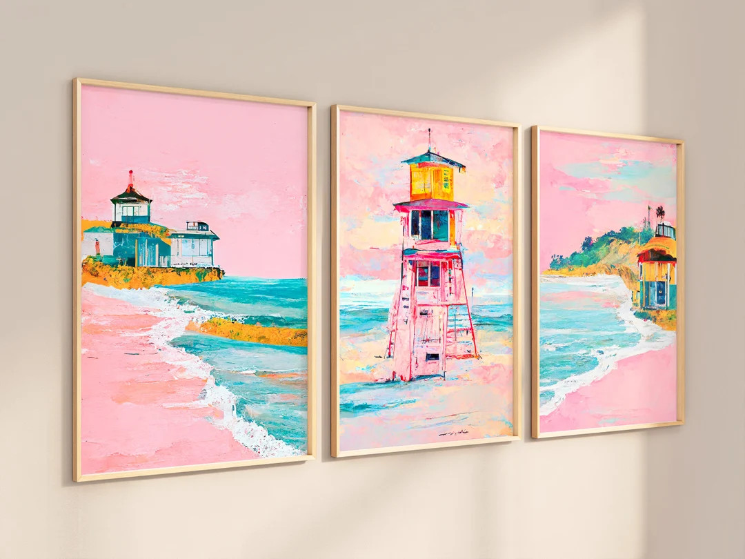 Boho Beach Prints Set of 3 Pastel Ocean Art, Printable Wall Art, Coastal Surf Decor - Etsy | Etsy (US)