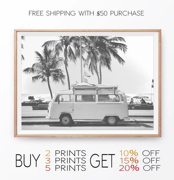 Retro Van Print, Black and White Wall Art, Coastal Palm Tree, Surfer VW Camper, Modern California... | Etsy (US)