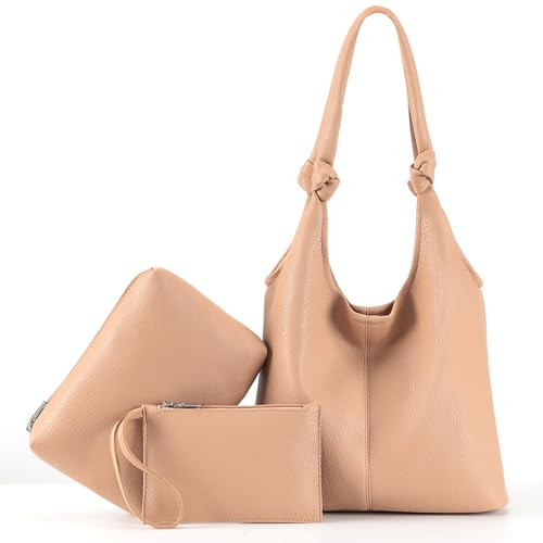 Vegan Leather Hobo Purses set, Slouchy Shoulder Bag Knotted Hobo Bags for Women with a small Purse and Clutch Handbag (Beige Brick) | Amazon (US)