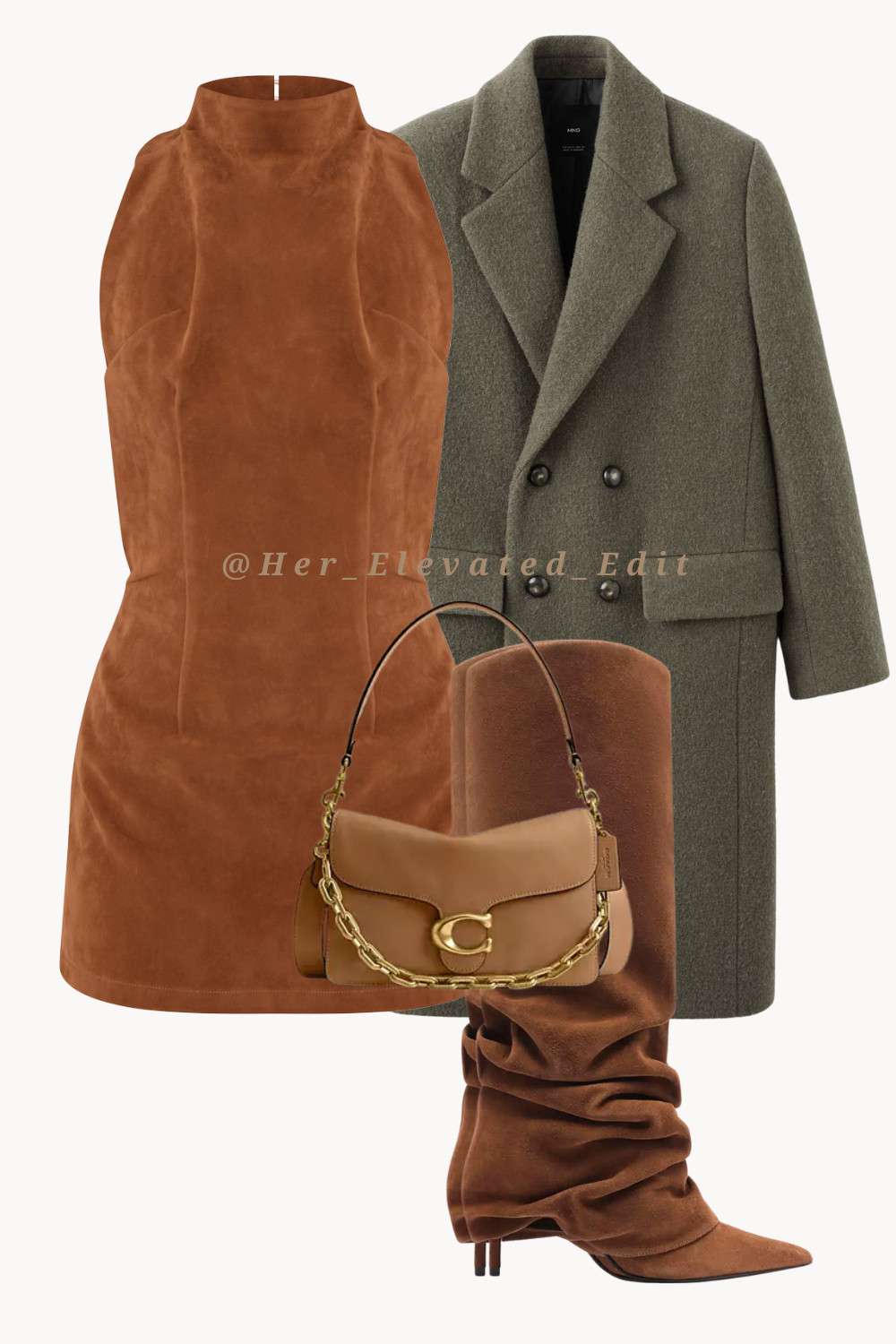 Warm neutrals always feel elevated.
This brown and olive look is timeless, flattering, and perfect for winter date nights or dressed-up evenings. The structured coat balances the softness of the dress, finished with knee-high boots for an effortless cold-weather look.  

 