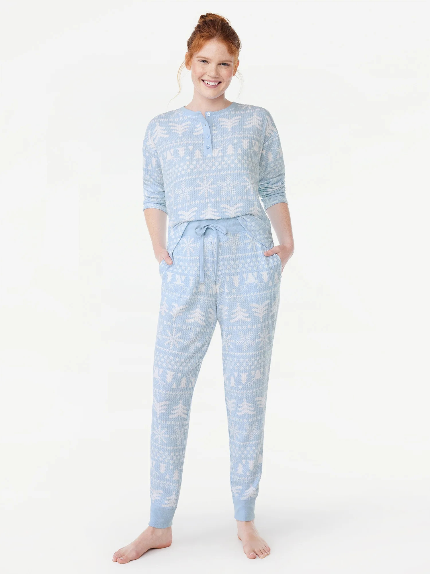 Joyspun Women's Waffle Hacci Knit Henley Top and Joggers Pajama Set, 2-Piece, Sizes S to 3X - Wal... | Walmart (US)