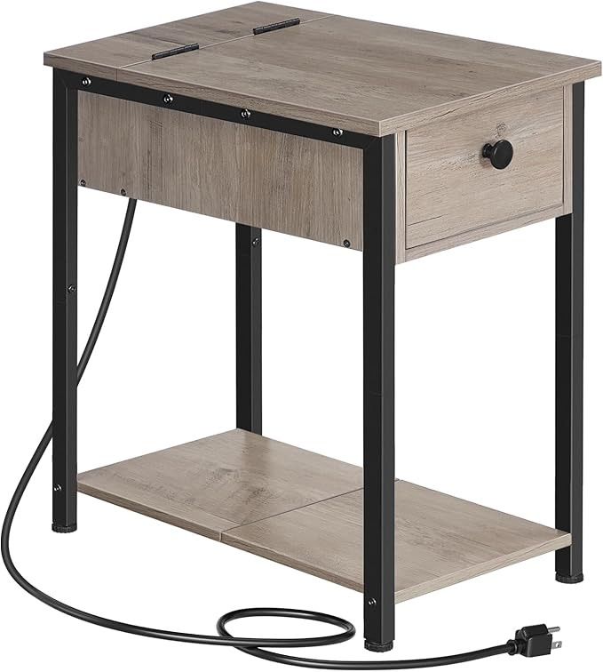 HOOBRO Mesa auxiliar con estación de carga, mesa auxiliar estrecha, mesita de noche pequeña, me... | Amazon (US)