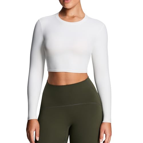 Aoxjox Long Sleeve Crop Tops for Women Classic Longline Workout Cropped T Shirt Top Length (White, X-Small) | Amazon (US)
