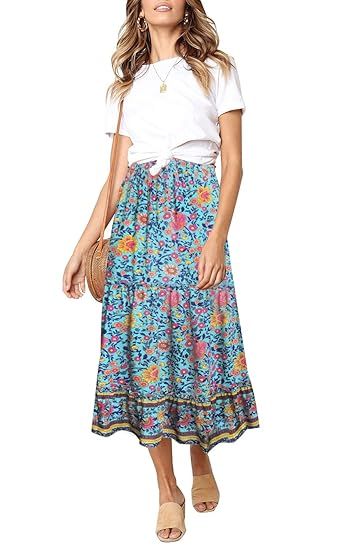 ZESICA Women's Bohemian Floral Printed Elastic Waist A Line Long Maxi Skirt with Pockets | Amazon (US)