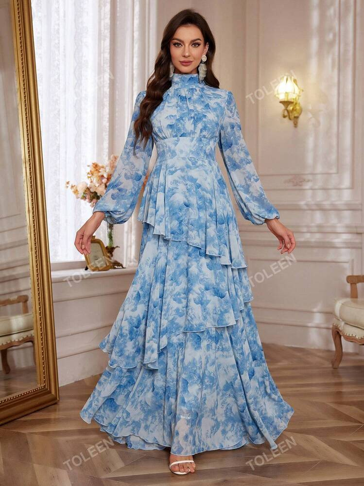 Floral Print Lantern Sleeve Ruffle Trim Chiffon Dress | SHEIN USA | SHEIN
