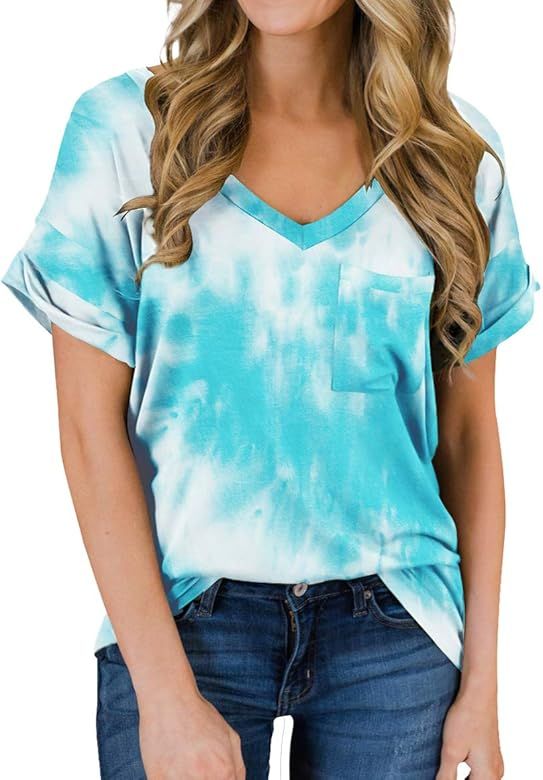 PrinStory Women's Casual Tops Short Sleeve V-Neck Shirts Loose Blouse Basic Tee T-Shirt | Amazon (US)