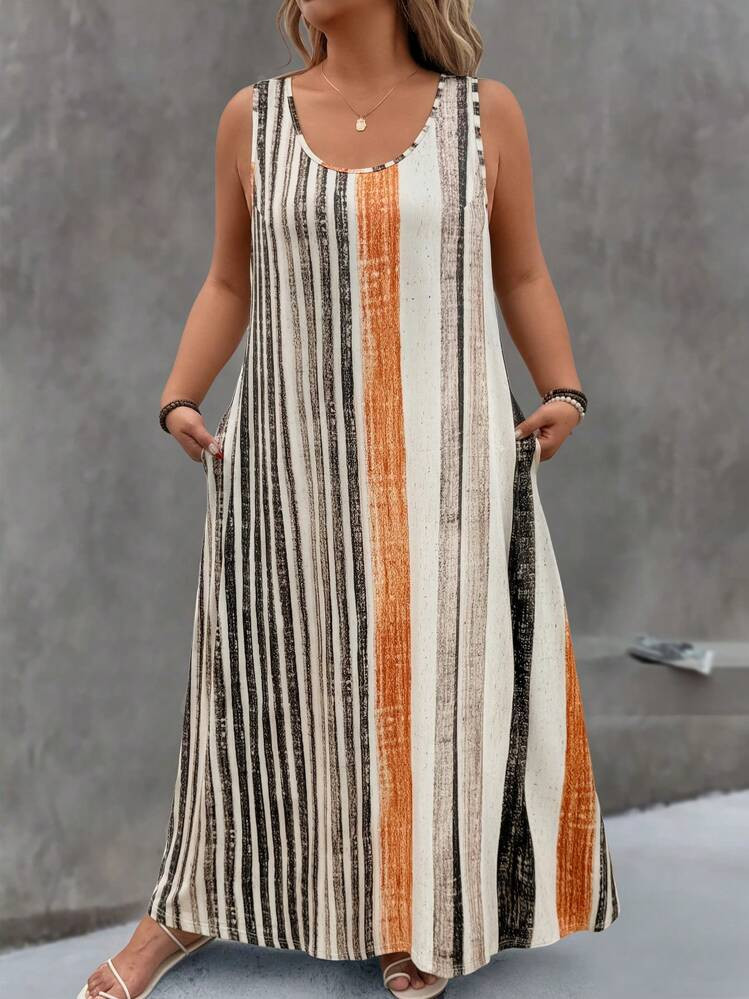 EMERY ROSE Plus Size Women's Crew Neck Sleeveless Vertical Striped Casual Positioning Print Dress | SHEIN