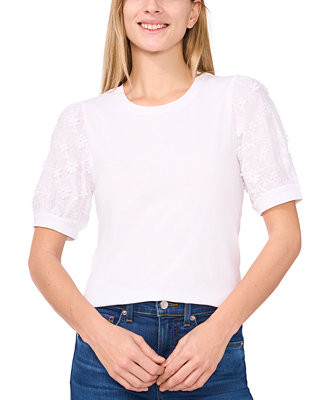 CeCeWomen's Mixed-Media Puff-Sleeve Top | Macy's